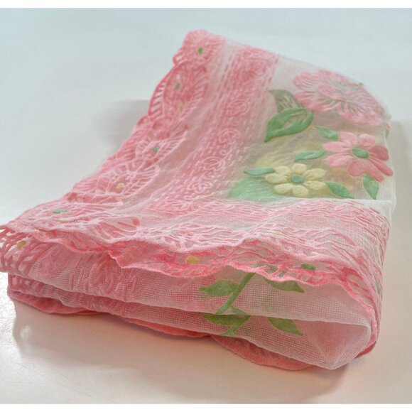 Vintage 1950s table runner, pink scalloped flocked fabric, MCM table decor - Picture 9 of 10